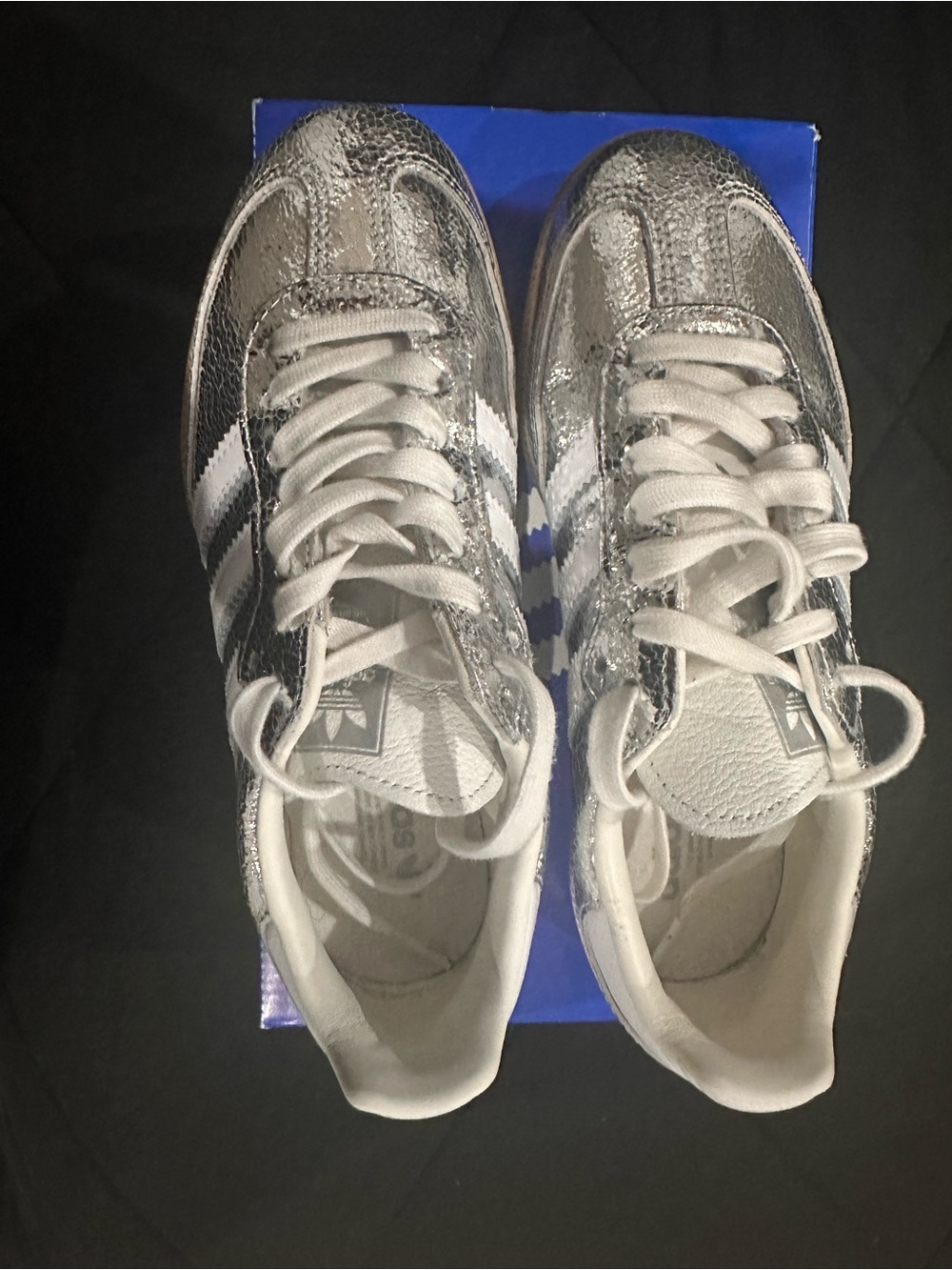 adidas Women’s Metallic Silver Sneakers with White Stripes